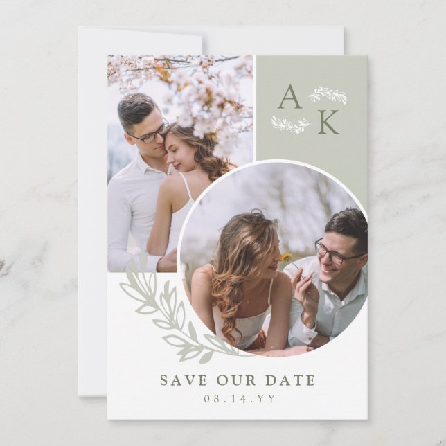 Save The Date Sage & Olive Verdure Photos qui se chevauchent (Devant)