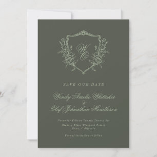 Save The Date Sage Olive Vintage Floral Crest Monogramme Photo