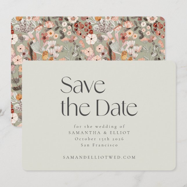 Save The Date Sage Rustique Taupe Floral Boho Mariage Personnali (Devant / Derrière)