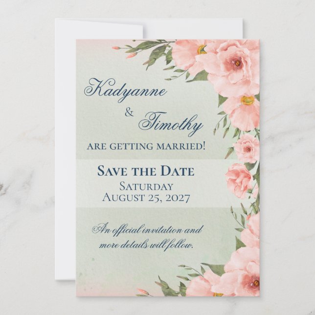 Save The Date Sage vert avec Roses de pêche (Devant)