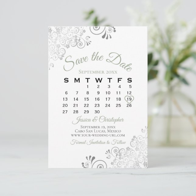 Save The Date Sage Vert & Blanc Simple Élégant Calendrier de mar (Debout devant)