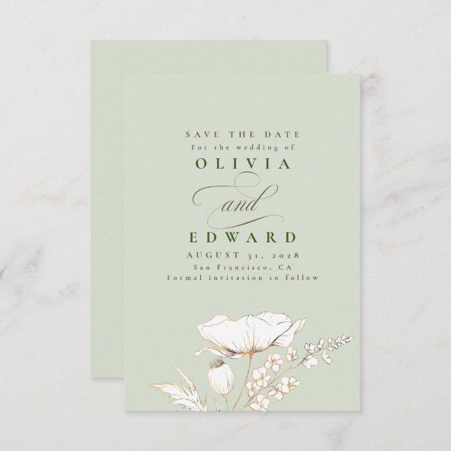 Save The Date Sage vert Fleur sauvage dessiné à la main Enregist (Devant / Derrière)