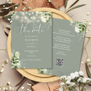 Save The Date Sage Vert Floral Lumières à cordes QR Code Mariage