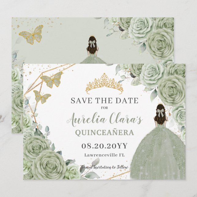 Save The Date Sage Vert Floral Or Quinceanera Sweet sixteen (Devant / Derrière)