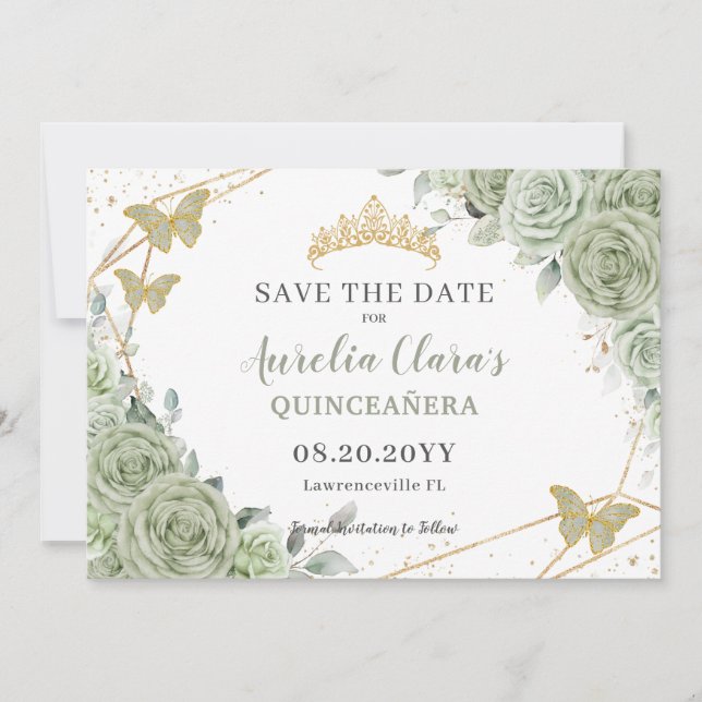 Save The Date Sage Vert Floral Or Quinceanera Sweet sixteen (Devant)