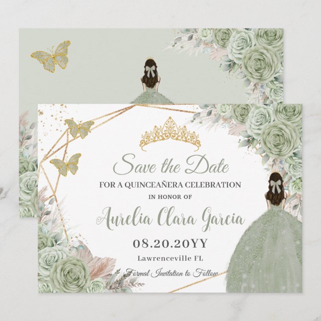 Save The Date Sage Vert Floral Pampas Grass Quinceanera Or (Devant / Derrière)