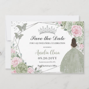 Save The Date Sage Vert rose Floral Argent Quinceanera Princesse