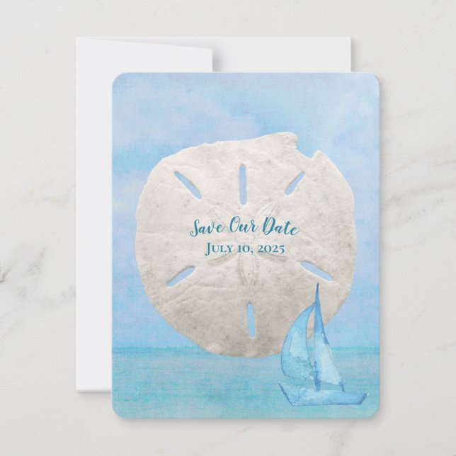 Save the Date sand dollar and sailboat (Front)