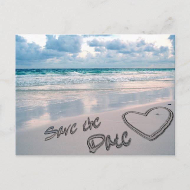 Save the Date Sand Heart Writing Announcement Postcard (Front)