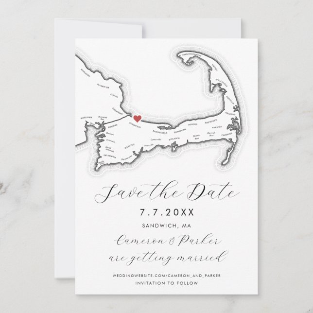 Save The Date Sandwich MA Cape Cod Map Mariage noir et blanc (Devant)