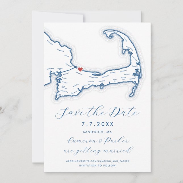 Save The Date Sandwich MA Cape Cod Map Marine Blue Mariage (Devant)