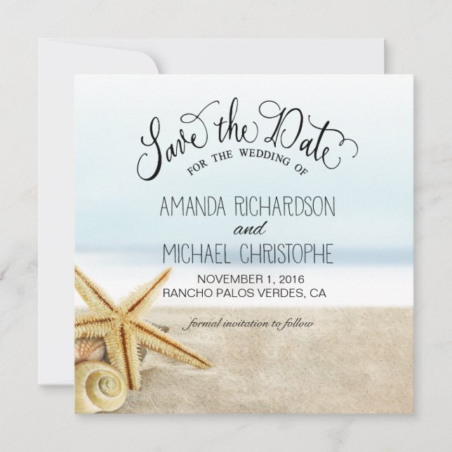 Save The Date Sandy Beach Starfish Seashells Sauvez la date (Devant)
