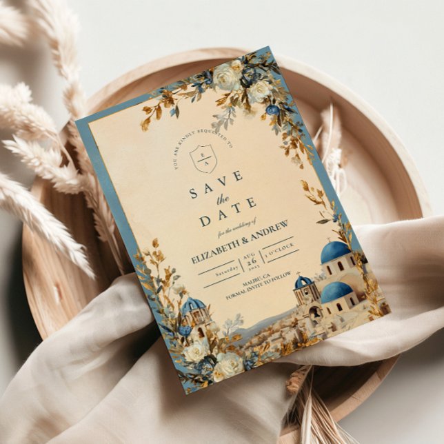 Save The Date Santorini Blue Dome Botanical Elegance (Créateur téléchargé)