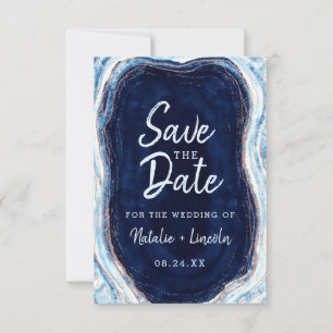 Save The Date Sapphire Blue Rose Gold Géode Agate Marbre Moderne