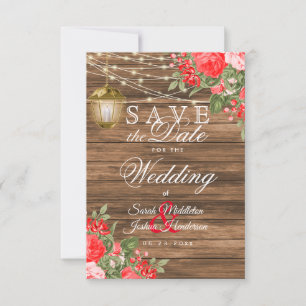 Save The Date Sauvegarder la Date Bois, Lanternes et Fleur Rouge