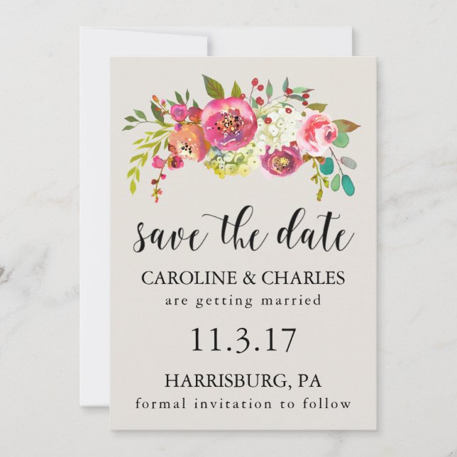 Save The Date Sauvegarder la date Fleur aquarelle rose Bohème ru (Devant)