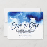Sauvegarder la date Mitzvah bleu foncé moderne aqu