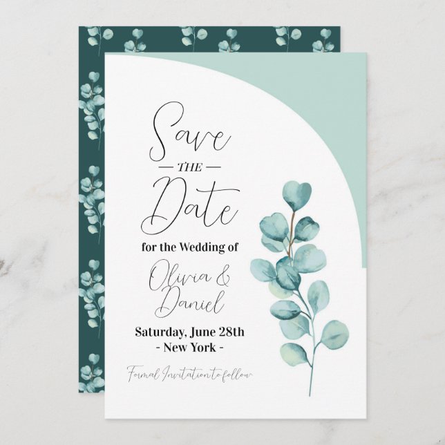 Save The Date Sauver la date Feuilles de mariage Eucalyptus Prin (Devant / Derrière)