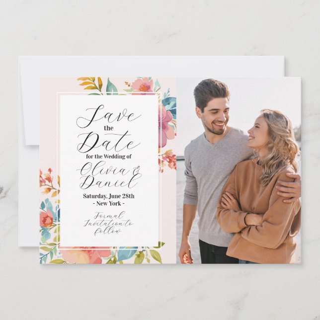 Save The Date Sauver la date Fleurs d'été florales Rose Photo (Devant)