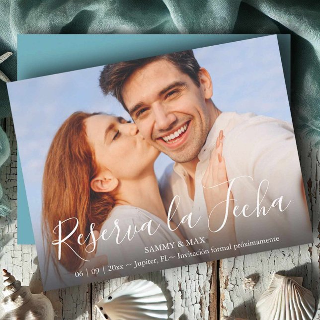 Save The Date Sauvez la date avec une photo en couple (Save the date in Spanish custom photo with turquoise back)