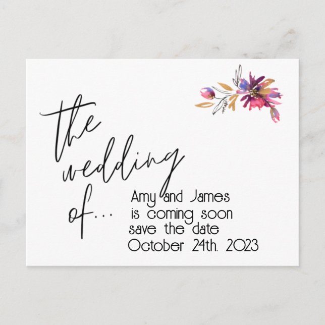 SAVE THE DATE - Save the wedding date. Editable Postcard (Front)