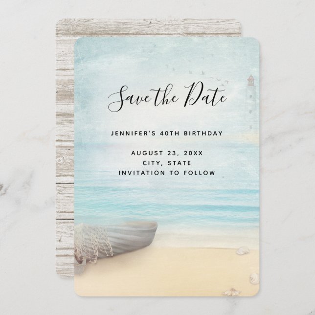 Save The Date Scène de plage rustique avec bateau et phare (Devant / Derrière)