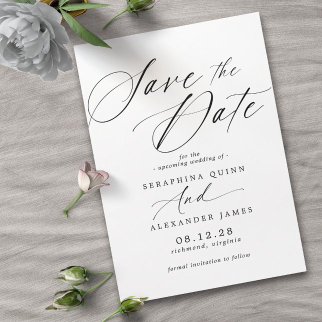 Save The Date Script Airy Delicate | Noir et blanc classique (Créateur téléchargé)