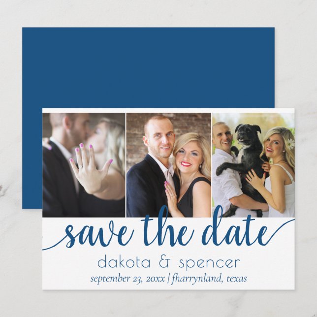 Save The Date Script bleu simple | Cerulean Azure Multi 3 Photo (Devant / Derrière)