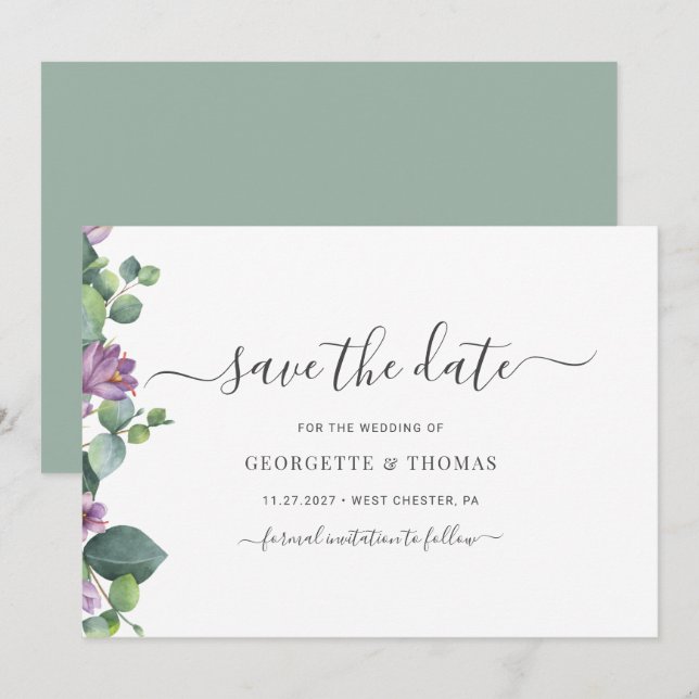 Save The Date Script botanique moderne d'Eucalyptus (Devant / Derrière)