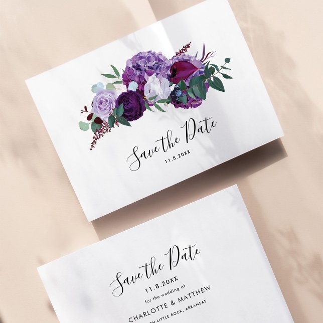 Save The Date Script botanique moderne violet (Purple Floral Wedding Save the Date Announcement)