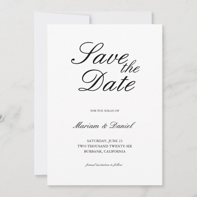 Save The Date Script classique élégant noir blanc Mariage islami (Devant)