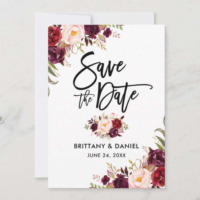 Save The Date Script de brosse moderne Bourgogne Floral (Devant)