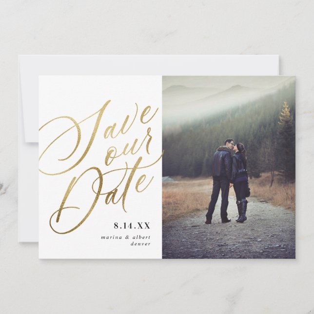Save The Date Script de calligraphie | Or blanc | Photo (Devant)