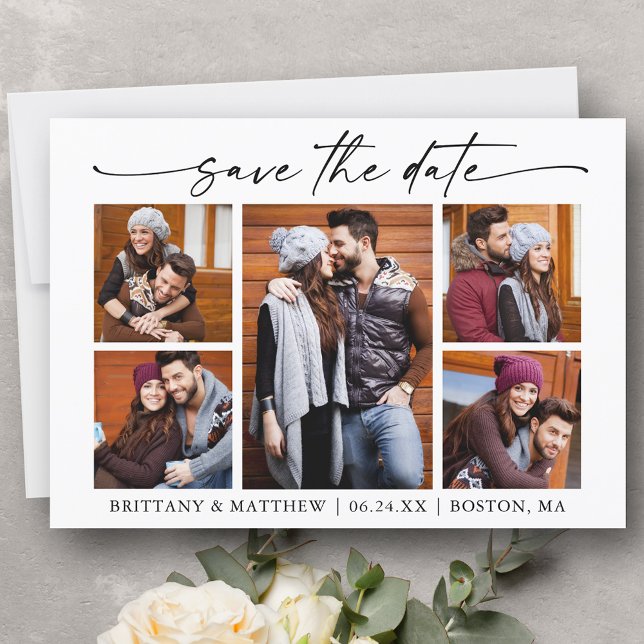 Save The Date Script d'encre minimaliste de 5 photos moderne (Customize to change your personalized text size or text style.)