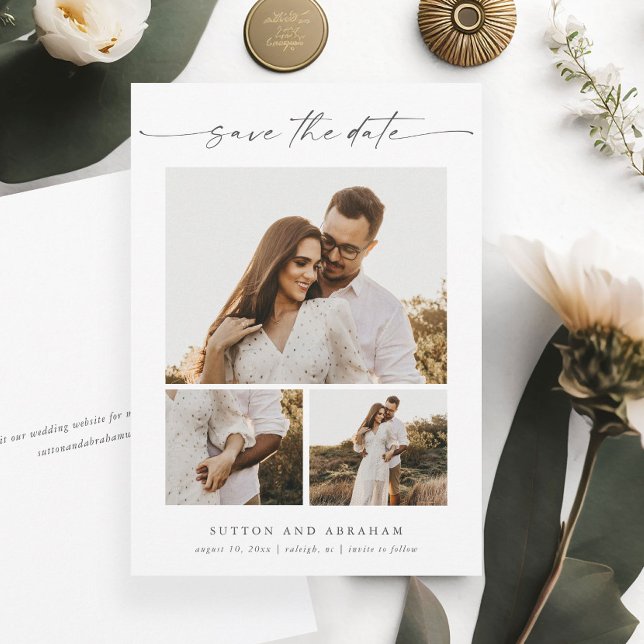 Save The Date Script élégant moderne 3 Collage photo (Am elegant minimalist 3 photo wedding save the date with modern handwritten script typography.)