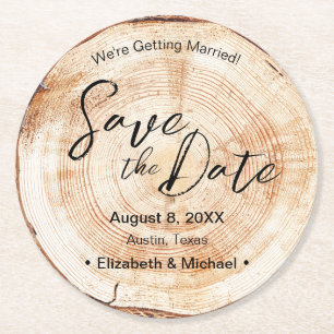 Save the Date Script Faux wood Grain Wedding Round Paper Coaster