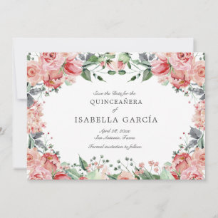 Save The Date Script floral rose élégant Quinceañera