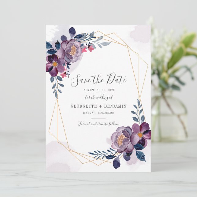 Save The Date Script floral violet géométrique Mariage botanique (Debout devant)