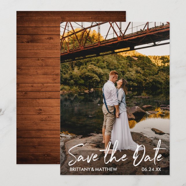 Save The Date Script manuscrit moderne Couple Photo Wood (Devant / Derrière)