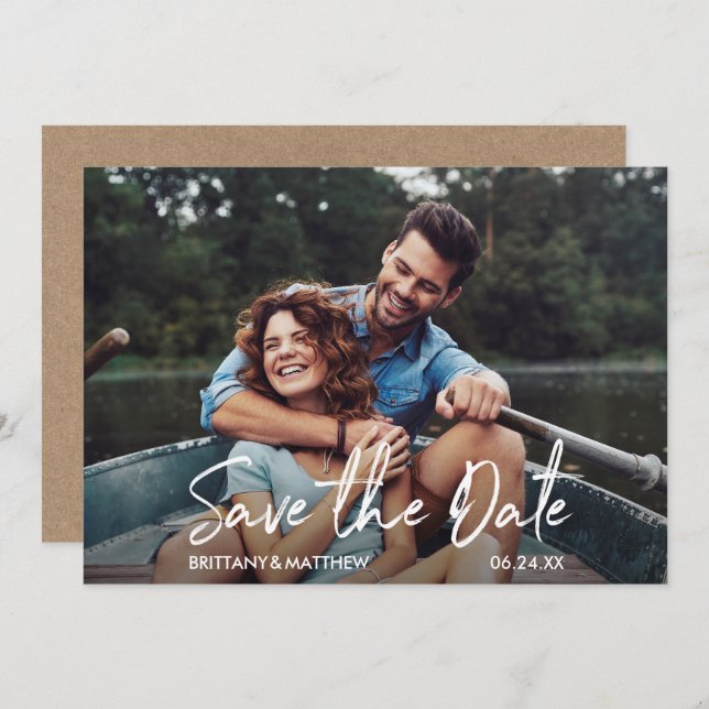 Save The Date Script manuscrit moderne photo Kraft (Devant / Derrière)