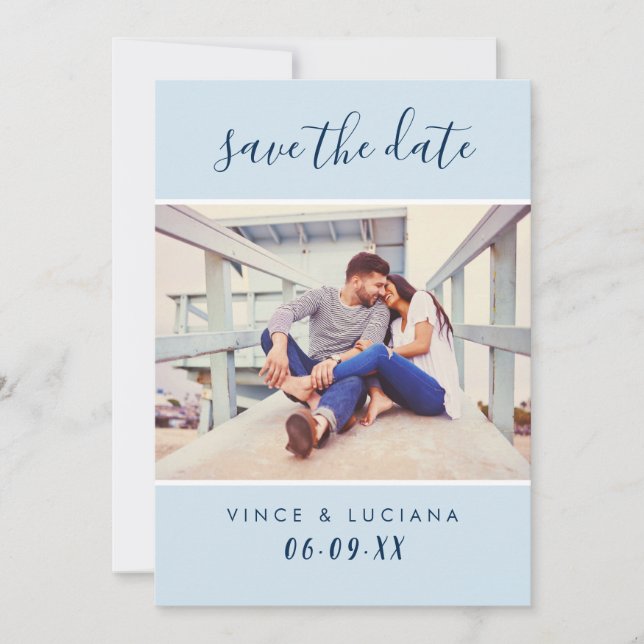 Save The Date Script manuscrit moderne photo Mariage bleu marine (Devant)