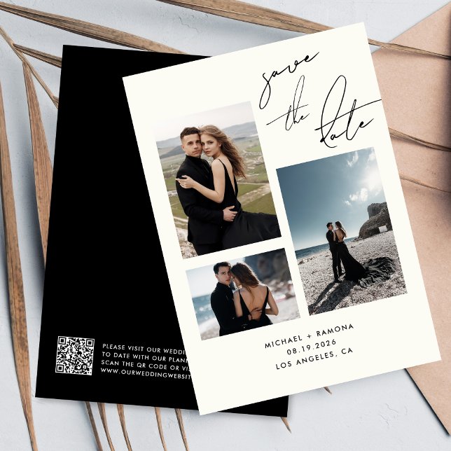 Save The Date Script manuscrit moderne Trois photos Code QR (Créateur téléchargé)