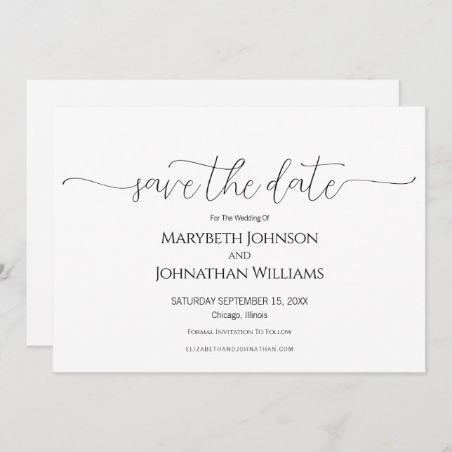 Save The Date Script minimal simple Mariage noir et blanc (Devant / Derrière)