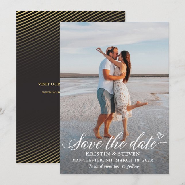 Save The Date Script Moderne Black Gold Photo Enregistrer la car (Devant / Derrière)