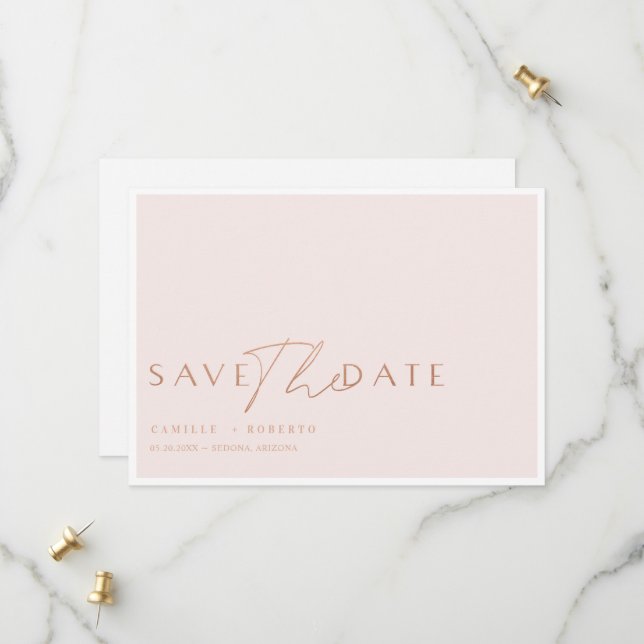 Save The Date Script moderne & élégant rose & Rose Blush Gold (Devant/Arrière en situation)