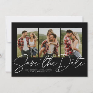 Save The Date Script moderne élégant trois photo noir et blanc
