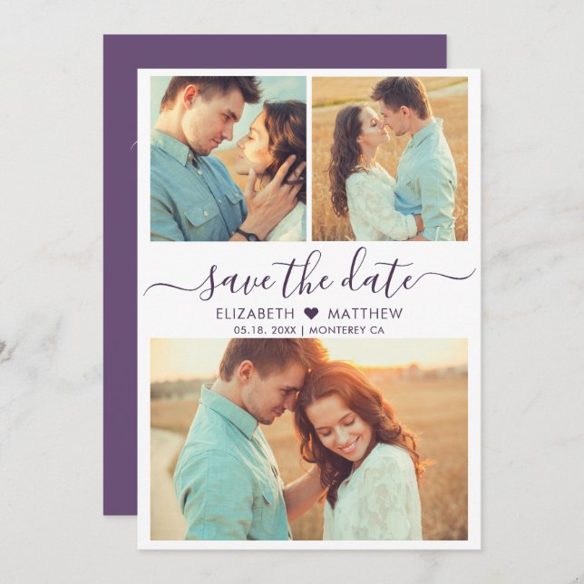 Save The Date Script moderne Heart Photo Collage Mariage violet (Devant / Derrière)
