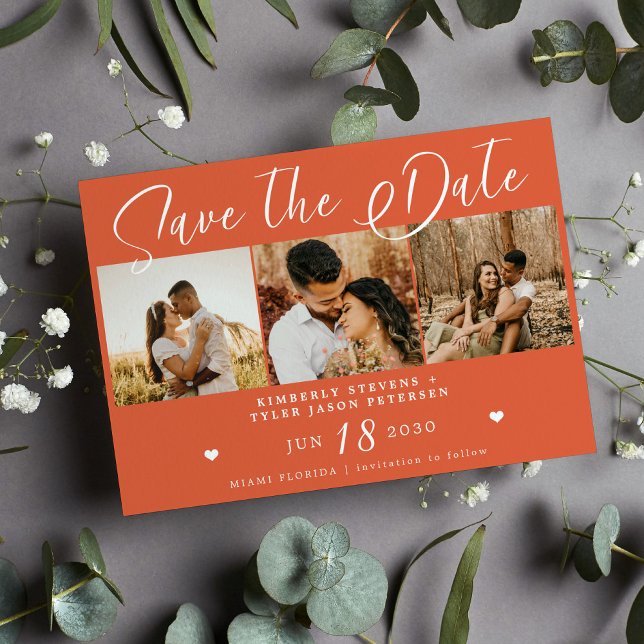 Save The Date Script moderne multi photo brillant orange mariage (Créateur téléchargé)