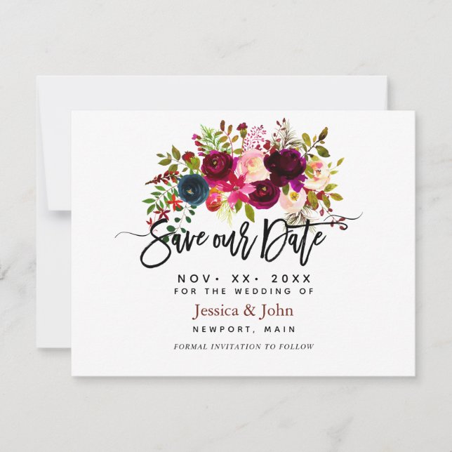Save The Date Script moderne Sauvez notre date, Fleurs aquarelle (Devant)