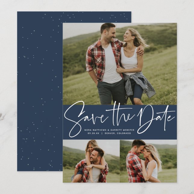 Save The Date Script moderne tendance trois photo marine (Devant / Derrière)